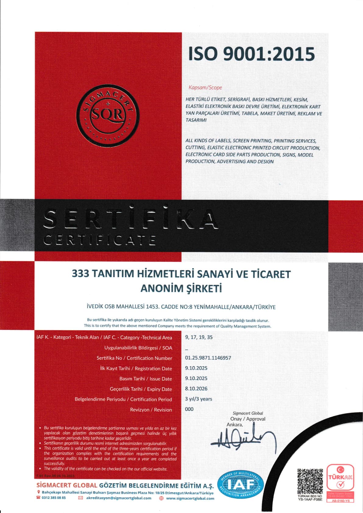 ISO 9001:2015 Belgesi